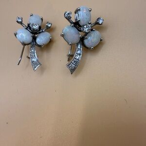 Elegant Vintage Opal and Diamond 14k White Gold  Earrings
